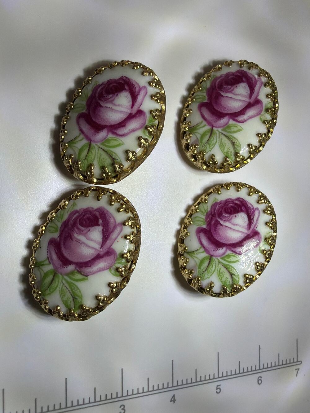 Vintage Porcelain Rose Buttons Set 4 Gold Oval Porcelain Cabochons Shank